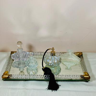 LOT 47: Mirror and Glass Vanity Tray and Glass Perfume Bottles
