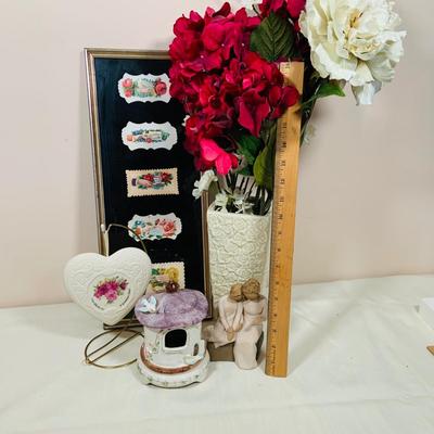 LOT 48: Grandmother’s Collection with Willow Tree Grandmother Figurine, A Grandmother Hang Heart, Schmid Music Box , Wall Art, Flower...