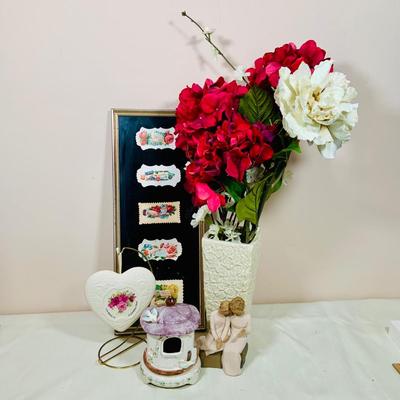 LOT 48: Grandmother’s Collection with Willow Tree Grandmother Figurine, A Grandmother Hang Heart, Schmid Music Box , Wall Art, Flower...