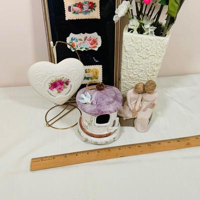 LOT 48: Grandmother’s Collection with Willow Tree Grandmother Figurine, A Grandmother Hang Heart, Schmid Music Box , Wall Art, Flower...