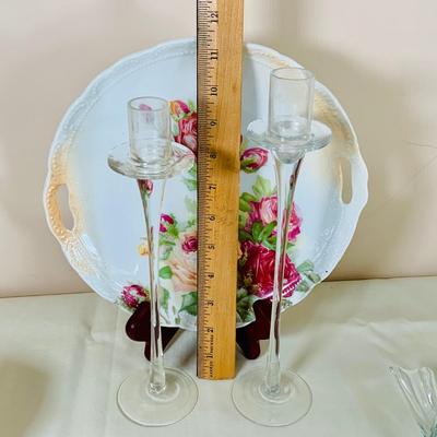 LOT 49: Glass Animal Figurines, Elephants, Bird and Rabbit, Glass Red Heart and Clear Glass Candle Holders and Vintage Floral Plate