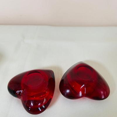 LOT 49: Glass Animal Figurines, Elephants, Bird and Rabbit, Glass Red Heart and Clear Glass Candle Holders and Vintage Floral Plate