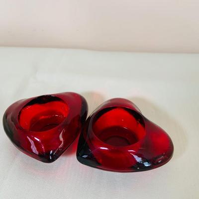 LOT 49: Glass Animal Figurines, Elephants, Bird and Rabbit, Glass Red Heart and Clear Glass Candle Holders and Vintage Floral Plate