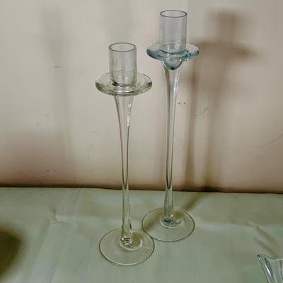 LOT 49: Glass Animal Figurines, Elephants, Bird and Rabbit, Glass Red Heart and Clear Glass Candle Holders and Vintage Floral Plate