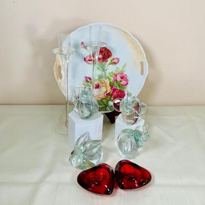 LOT 49: Glass Animal Figurines, Elephants, Bird and Rabbit, Glass Red Heart and Clear Glass Candle Holders and Vintage Floral Plate
