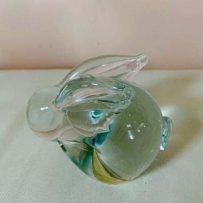 LOT 49: Glass Animal Figurines, Elephants, Bird and Rabbit, Glass Red Heart and Clear Glass Candle Holders and Vintage Floral Plate