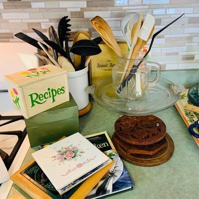 LOT 51: Kitchen Collection Includes Recipe Boxes, Cookbooks Utensils Trivets and More