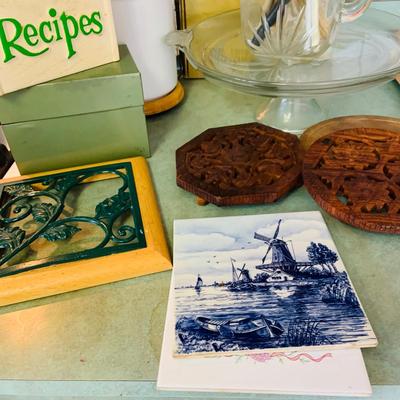 LOT 51: Kitchen Collection Includes Recipe Boxes, Cookbooks Utensils Trivets and More
