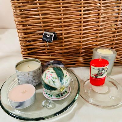 LOT 52: Basketful of Candles, Frames and Display Easels and Brass Candle Sticks and More