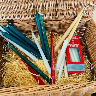 LOT 52: Basketful of Candles, Frames and Display Easels and Brass Candle Sticks and More