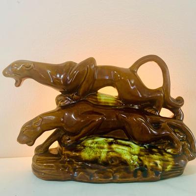 LOT 54: Mid Century Double Panther Ceramic Electric Lamp Statue