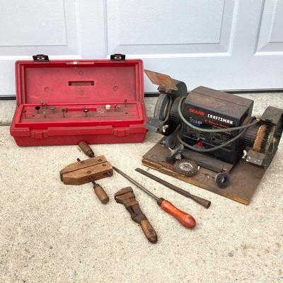 LOT 58: Sears Craftsman Bench Grinder Model 257 190470, Craftsman Rotary Tool Model 572.610950 with Cases / Accessories and Vintage Hand...
