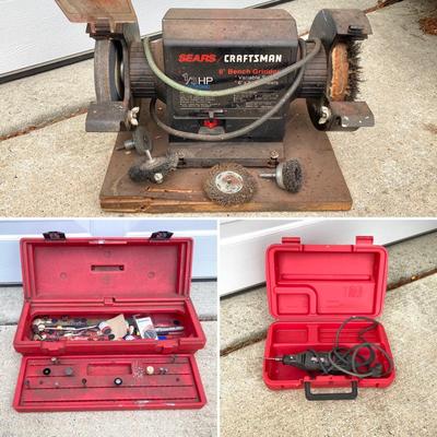 LOT 58: Sears Craftsman Bench Grinder Model 257 190470, Craftsman Rotary Tool Model 572.610950 with Cases / Accessories and Vintage Hand...