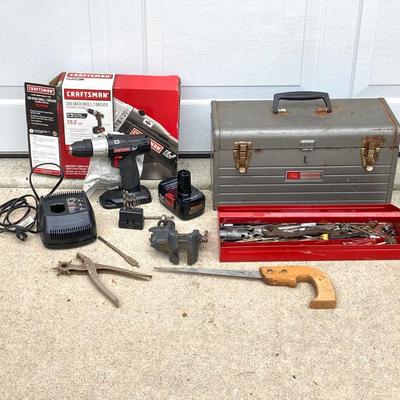 LOT 59: Sears Craftsman Metal Toolbox with Contents and Craftsman Cordless Drill / Driver Model 315.116890 with Charger and Battery