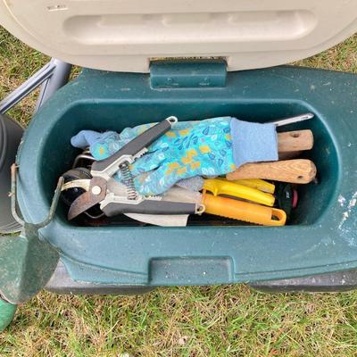 LOT 60: Lawn and Garden - Hose and Hose Mobile Holder, Rakes, Step 2 Rolling Garden Cart / Seat with Contents and More