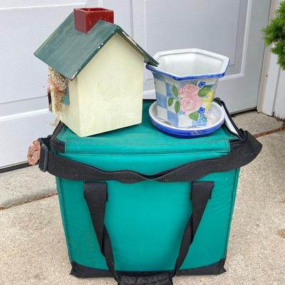 LOT 63: Outdoor Lawn and Garden Collection - Pair of Legacy Lighting Outdoor Fixtures, Planters / Plant Stand, Bird Houses, Cooler,...