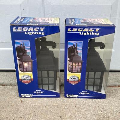 LOT 63: Outdoor Lawn and Garden Collection - Pair of Legacy Lighting Outdoor Fixtures, Planters / Plant Stand, Bird Houses, Cooler,...