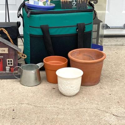 LOT 63: Outdoor Lawn and Garden Collection - Pair of Legacy Lighting Outdoor Fixtures, Planters / Plant Stand, Bird Houses, Cooler,...