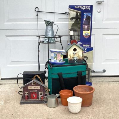 LOT 63: Outdoor Lawn and Garden Collection - Pair of Legacy Lighting Outdoor Fixtures, Planters / Plant Stand, Bird Houses, Cooler,...