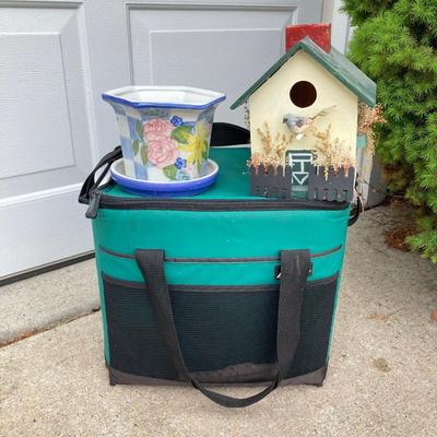 LOT 63: Outdoor Lawn and Garden Collection - Pair of Legacy Lighting Outdoor Fixtures, Planters / Plant Stand, Bird Houses, Cooler,...