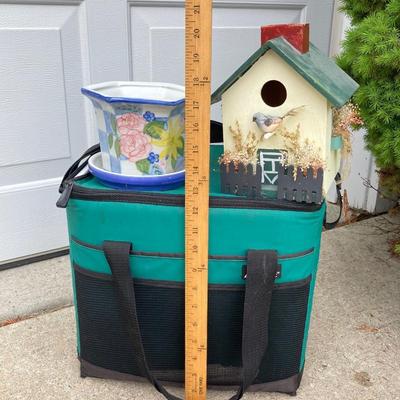 LOT 63: Outdoor Lawn and Garden Collection - Pair of Legacy Lighting Outdoor Fixtures, Planters / Plant Stand, Bird Houses, Cooler,...