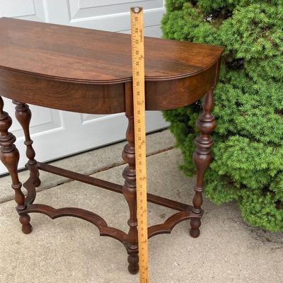 LOT 66: Wooden Furniture - Half Moon Side Table, Drop Leaf Side Table and Upholstered Storage Foot Stool