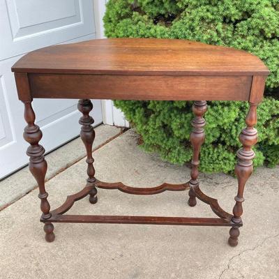 LOT 66: Wooden Furniture - Half Moon Side Table, Drop Leaf Side Table and Upholstered Storage Foot Stool