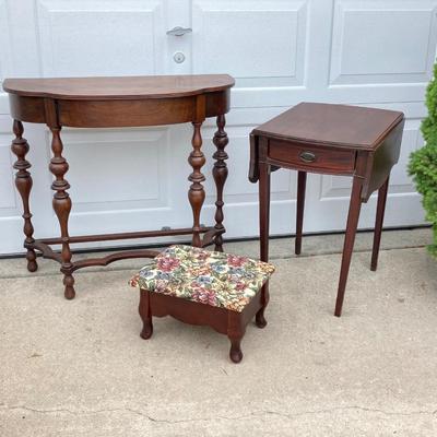 LOT 66: Wooden Furniture - Half Moon Side Table, Drop Leaf Side Table and Upholstered Storage Foot Stool