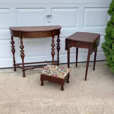 LOT 66: Wooden Furniture - Half Moon Side Table, Drop Leaf Side Table and Upholstered Storage Foot Stool