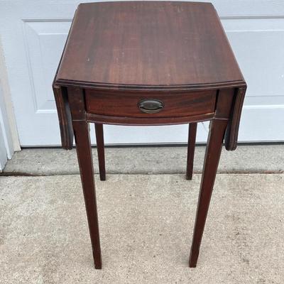 LOT 66: Wooden Furniture - Half Moon Side Table, Drop Leaf Side Table and Upholstered Storage Foot Stool