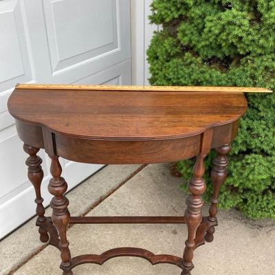 LOT 66: Wooden Furniture - Half Moon Side Table, Drop Leaf Side Table and Upholstered Storage Foot Stool