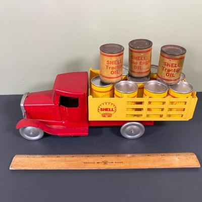 LOT 68: Shell Oil Metal Truck with Miniature Oil Drums and D.P.W. Oil Delivery Truck (Metalcraft Gearbox)