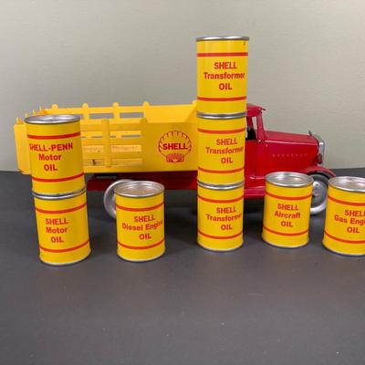 LOT 68: Shell Oil Metal Truck with Miniature Oil Drums and D.P.W. Oil Delivery Truck (Metalcraft Gearbox)