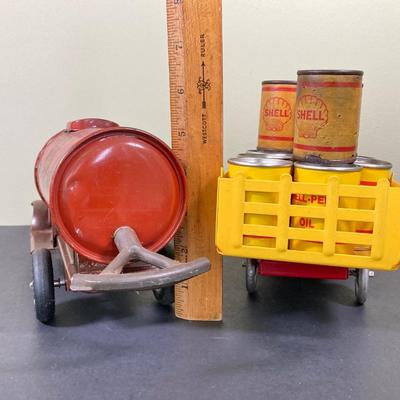 LOT 68: Shell Oil Metal Truck with Miniature Oil Drums and D.P.W. Oil Delivery Truck (Metalcraft Gearbox)