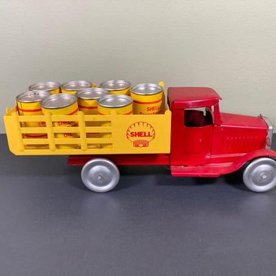 LOT 68: Shell Oil Metal Truck with Miniature Oil Drums and D.P.W. Oil Delivery Truck (Metalcraft Gearbox)