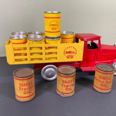 LOT 68: Shell Oil Metal Truck with Miniature Oil Drums and D.P.W. Oil Delivery Truck (Metalcraft Gearbox)
