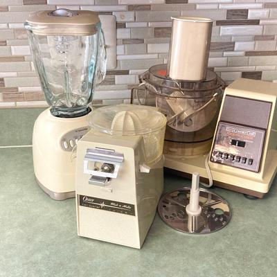 LOT 70: Kitchen Appliances - Osterizer Blender, Sears Counter Craft Food Processor and Oster Touch-a-Matic Can Opener / Juicer