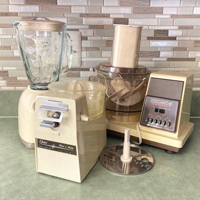 LOT 70: Kitchen Appliances - Osterizer Blender, Sears Counter Craft Food Processor and Oster Touch-a-Matic Can Opener / Juicer