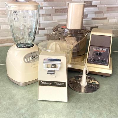 LOT 70: Kitchen Appliances - Osterizer Blender, Sears Counter Craft Food Processor and Oster Touch-a-Matic Can Opener / Juicer