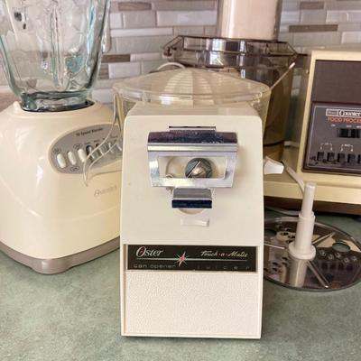 LOT 70: Kitchen Appliances - Osterizer Blender, Sears Counter Craft Food Processor and Oster Touch-a-Matic Can Opener / Juicer