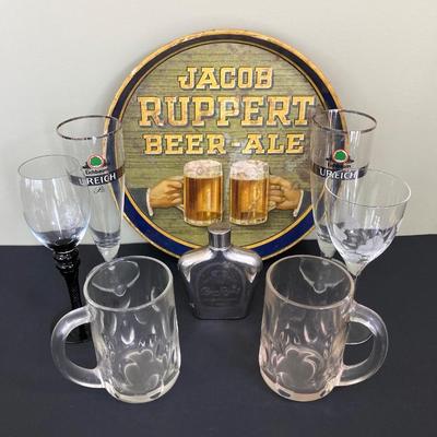 LOT 72: Vintage Jacob Ruppert Beer-Ale Metal Tray, Eichbaum Ureich Glasses, Crown Royal Flask and More