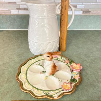LOT 73: Collection of Serving Ware - Wedgwood & Barlaston of Etruria (Made in England) Pitcher, Bunny Egg Holder, Decorative Bowls...