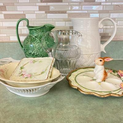 LOT 73: Collection of Serving Ware - Wedgwood & Barlaston of Etruria (Made in England) Pitcher, Bunny Egg Holder, Decorative Bowls...