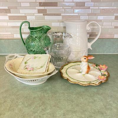 LOT 73: Collection of Serving Ware - Wedgwood & Barlaston of Etruria (Made in England) Pitcher, Bunny Egg Holder, Decorative Bowls...