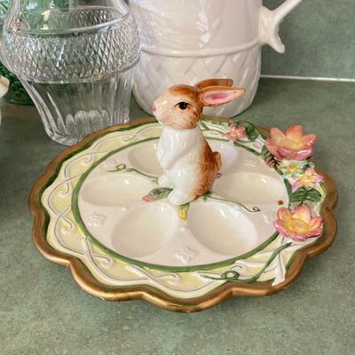 LOT 73: Collection of Serving Ware - Wedgwood & Barlaston of Etruria (Made in England) Pitcher, Bunny Egg Holder, Decorative Bowls...
