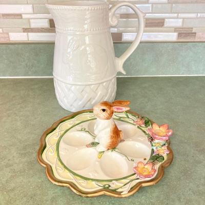 LOT 73: Collection of Serving Ware - Wedgwood & Barlaston of Etruria (Made in England) Pitcher, Bunny Egg Holder, Decorative Bowls...