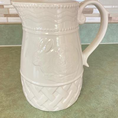 LOT 73: Collection of Serving Ware - Wedgwood & Barlaston of Etruria (Made in England) Pitcher, Bunny Egg Holder, Decorative Bowls...