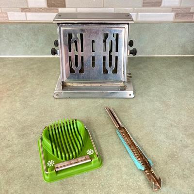 LOT 74: Vintage Kitchen Appliances and More - General Electric Mixer, Easy Twist by Foley Jar Opener, Toaster, Corning Ware Blue Corn...