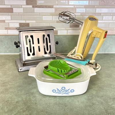 LOT 74: Vintage Kitchen Appliances and More - General Electric Mixer, Easy Twist by Foley Jar Opener, Toaster, Corning Ware Blue Corn...