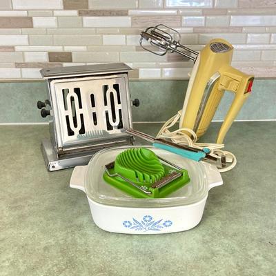 LOT 74: Vintage Kitchen Appliances and More - General Electric Mixer, Easy Twist by Foley Jar Opener, Toaster, Corning Ware Blue Corn...